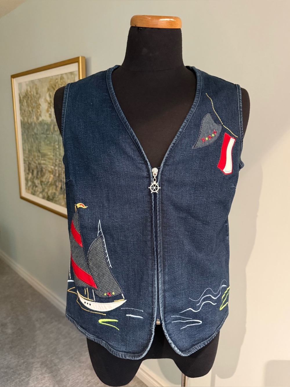 90s Sailboat Embroidered Denim Vest Petite Coastal Cottagecore